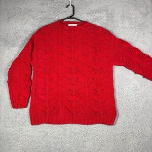 Express Tricot Red Knit Sweater Hand knitted Pattern‎ Openwork Cozy Pullover L